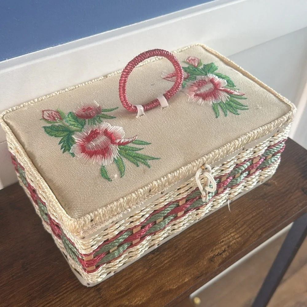 Vintage Wicker Sewing Box pink floral embroidered Lid with Built-in Pin Cushion